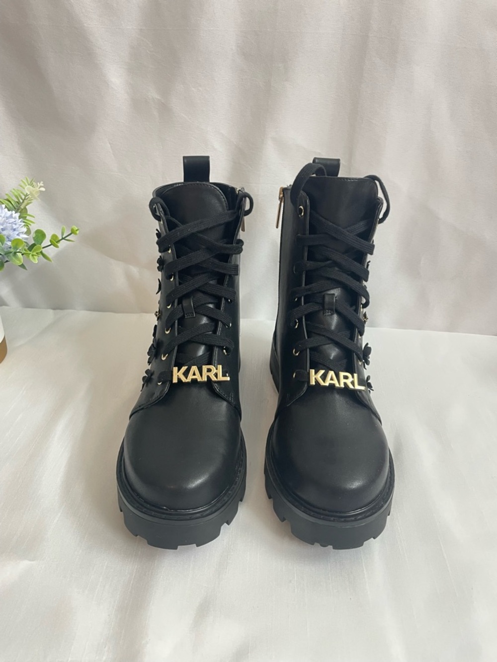 Karl Lagerfeld Paris Mela Fleur Black Floral Combat Boots w Gold Accents US 9.5 - Picture 3 of 14